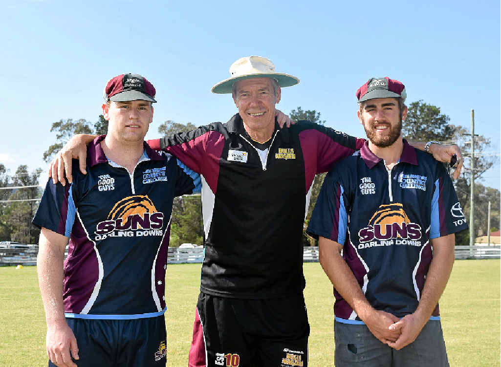 Darling Downs and South West Suns players Dean Sullivan and Hayden Lanza with ex-Australian coach John Buchanan after the Bulls Masters in Stanthorpe.